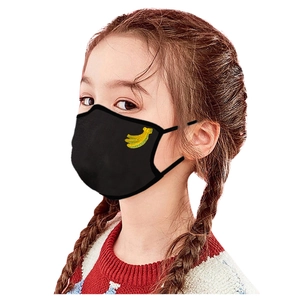 Close-up of a black washable fabric mask for kids with a yellow banana embroidery detail