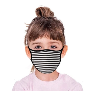 Detailed close-up of a child's breathable mask with black and white horizontal stripes