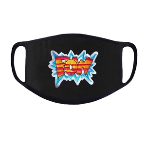 Washable black cloth face mask with embroidered POW comic patch for sun protection