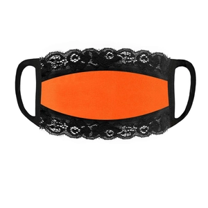 Close-up of bright orange breathable face mask with wide black lace trim and elastic ear loops