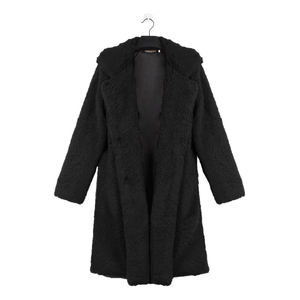 Women's long black faux fur coat with notched lapel and cozy plush teddy fleece texture