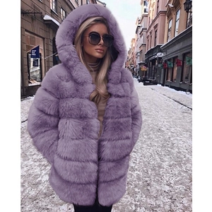 Detail of lavender faux fur hooded coat with thick plush texture and horizontal stripes