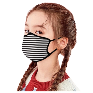 Close-up of breathable black and white striped fabric face mask on a child model