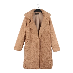 Brown teddy faux fur long coat with lapel collar and thick warm texture for women