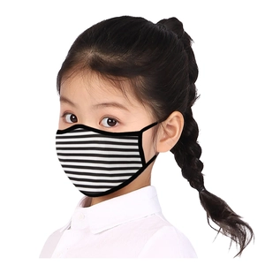 Detailed close-up of a washable striped protective mask for children with elastic ear loops