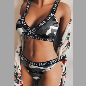 Women sexy two-piece lingerie set with camo print and SEXY BABY lettered elastic bands