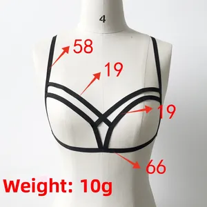 Detail view of black elastic harness bra with multi-strap cage design and measurements