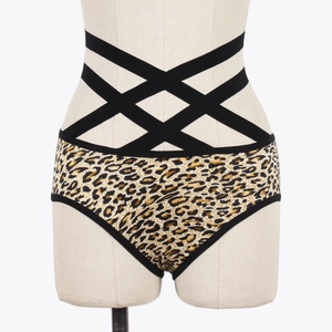 Detail of leopard print panties with high waist criss-cross strap design for women