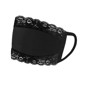 Detail of elegant black breathable fabric mask with delicate lace embroidery trim