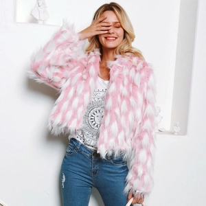 Women Fashion Short Faux Fur Jacket Hooded Pink White Jacquard Warm Long Sleeve Elegant Autumn Winter Coat