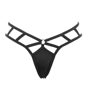 Detail of black cage-style thong with elastic strappy design and silver metal ring accent