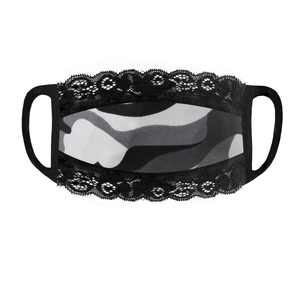 Detail of breathable camo mask with black lace trim and elastic wide ear loops