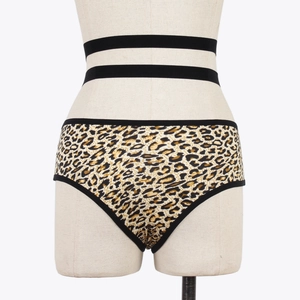 Detail shot of leopard print bikini briefs for women with black elastic waist edging
