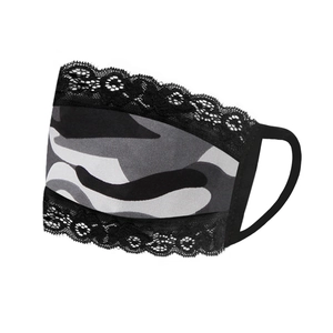 Detailed close-up of breathable camouflage lace face mask with elastic ear loops