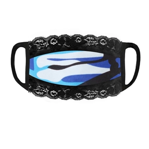 Close-up of breathable lace mask with blue abstract pattern and soft ear loops
