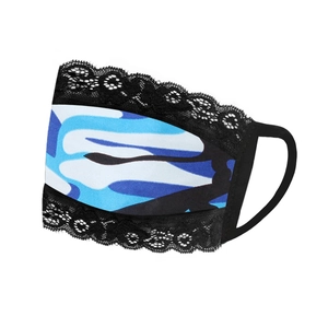 Detail view of camouflage face mask with black lace trim and elastic ear loops