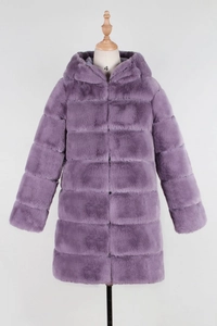 Detail of light purple faux fur coat featuring a hooded design and horizontal tiered texture