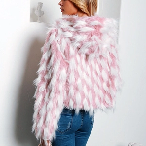 Back view of a fashionable pink and white faux fur hooded jacket with long plush texture