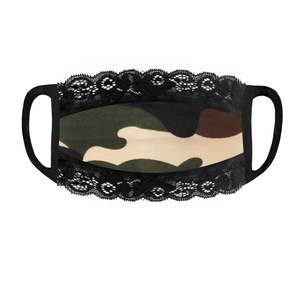 Detail view of camouflage fabric face mask with elegant black lace edges and ear loops