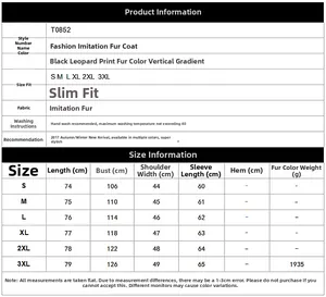 Detailed size chart for men's faux fur coat with measurements from S to 3XL for ideal fit