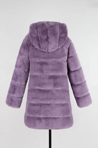 Rear view of a mid-length purple faux fur hooded coat with horizontal quilted layers