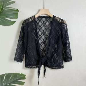Women's black lace cardigan with floral hollow out design and front tie closure