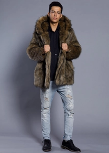 Detailed view of men's brown faux fur hooded coat with thick texture and long sleeves