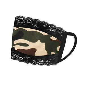Detail of camouflage lace face mask with black lace trim and elastic ear loops