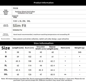 Detailed size chart with measurements for the leopard print faux fur jacket from S to 3XL