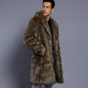 Herren Pelzimitat Mantel lang in Braun mit breitem Revers und weicher Textur