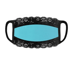 Detail showing elegant blue fabric and black floral lace trim on this breathable face mask