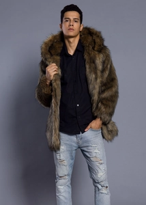 Detailed view of the thick brown faux fur texture on this stylish men's hooded winter coat