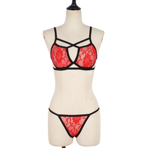 Detailed close-up of red lace lingerie set with floral patterns and black elastic trim