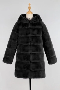 Detailed macro view showing the horizontal quilted texture of the black faux fur coat