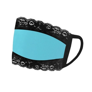 Detail of blue breathable face mask with black lace trim and elastic ear loops