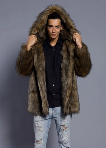 Detailed texture of thick dark brown faux fur on men's hooded winter coat