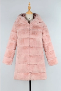 Detailed texture of light pink faux fur coat featuring horizontal striped stitching patterns
