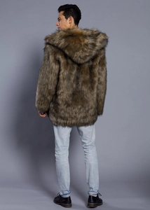 Back view of a men's brown faux fur coat with a large hood and plush texture