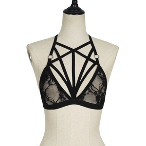 Sexy black lace lingerie top with pentagram harness straps and metal rings on mannequin