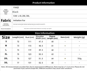 Size chart for black faux fur winter coat featuring detailed measurements from S to 3XL