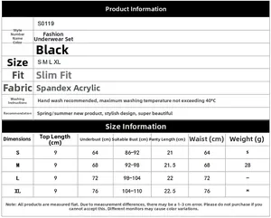 Detailed size guide table for sexy black spandex lingerie set including slim fit measurements