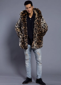 Detail of men's faux fur hoodie jacket with leopard print and plush thick texture