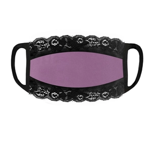 Detail of purple fabric face mask with delicate black lace trim and elastic ear loops