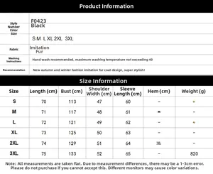 Detailed size chart for men's faux fur hooded coat showing S to 3XL measurements in cm