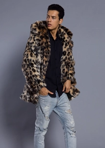 Fashionable men's leopard print faux fur hooded coat with soft long hair texture and long cut
