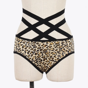 Sexy leopard print women's panties with black elastic multi-layer hollow crossover waistband