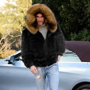 Men's winter faux fur hooded jacket with large brown collar by a luxury sports car
