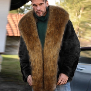 Men's winter faux fur coat featuring bold black plush body and brown oversized lapels