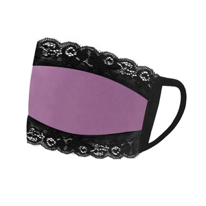 Close-up of purple fabric face mask with black lace trim and elastic ear loops