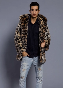 Detailed view of the leopard print faux fur hood and soft texture on men's winter coat